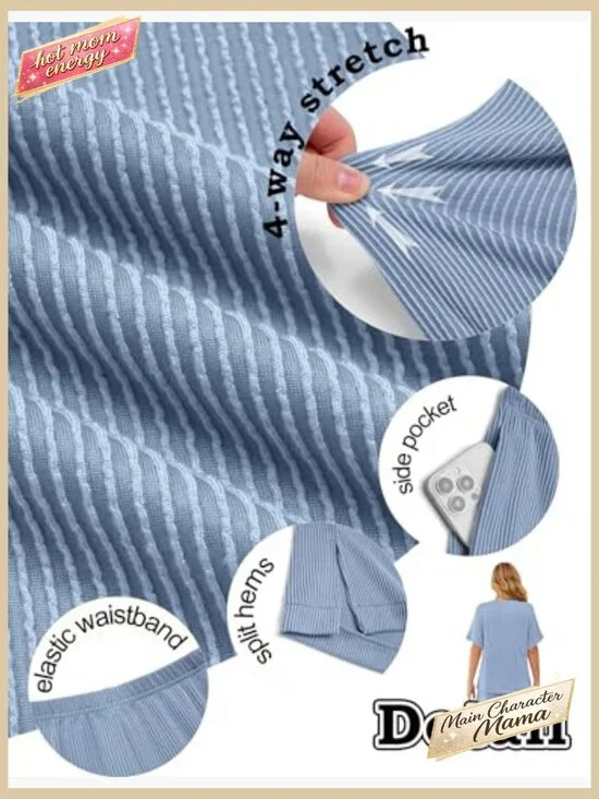 Ribbed Knit Lounge Set Short Sleeve Top with Pocket Shorts Matching Outfit - Picture 4 of 5